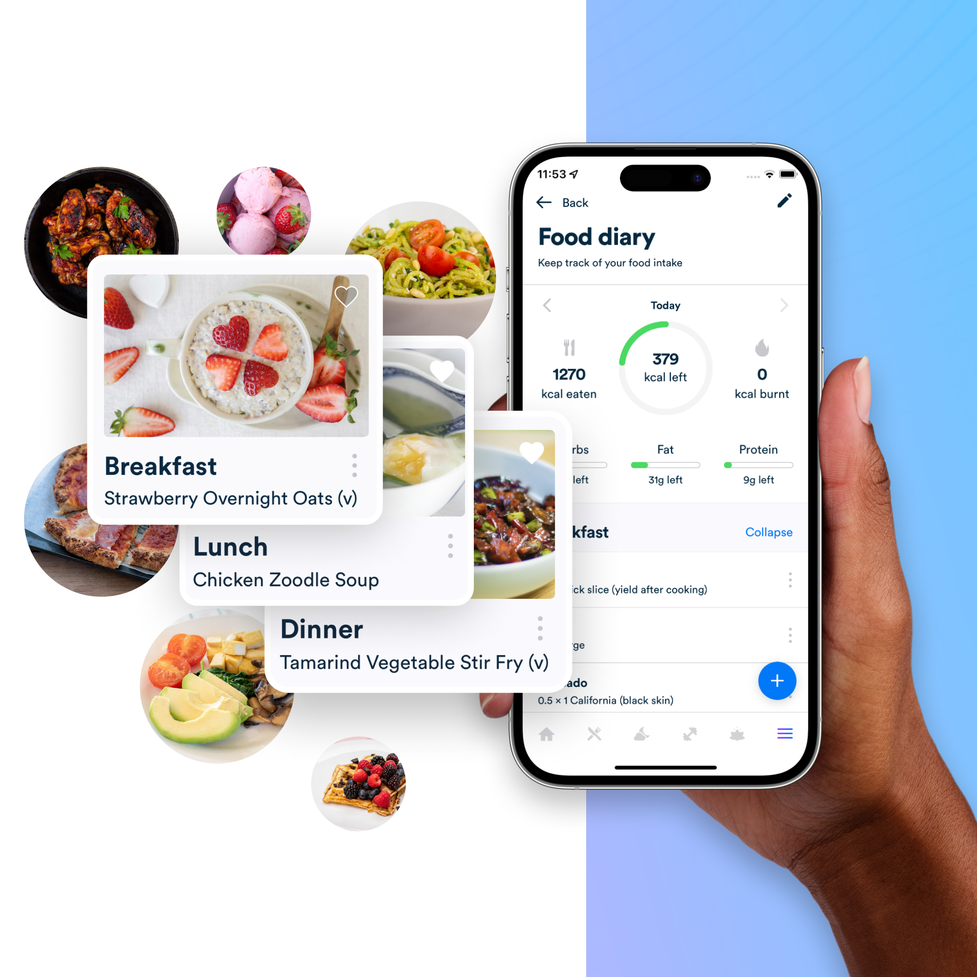 Gro Health app showing the food diary and breakfast, lunch and dinner recommendations.